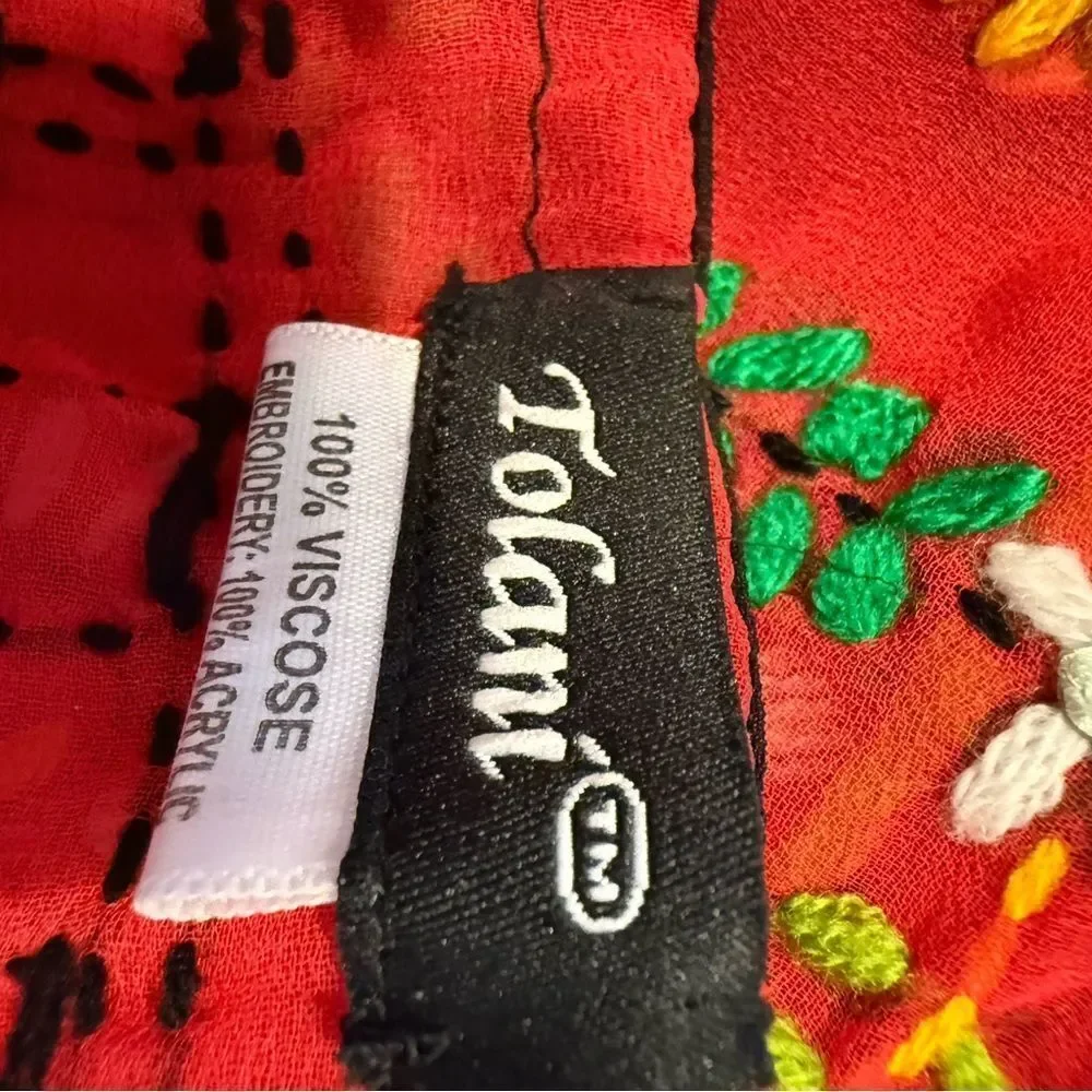 Tolani 86” x 34 “long red with hand embroidery flowers, vintage scarf